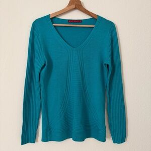 Krimson Klover Wool V Neck Pullover Knit Sweater Top Large L Blue Spring Savant